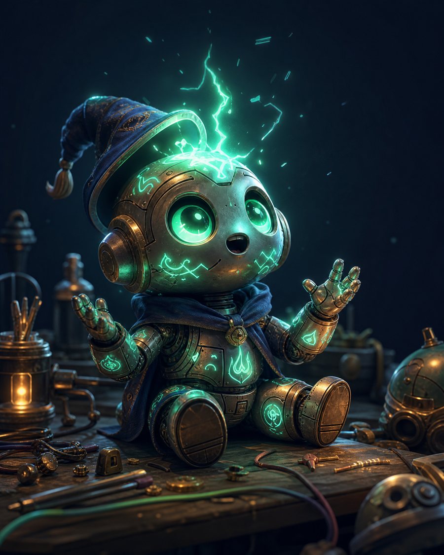 A small robot agent in a wizard hat with a bright idea sparking above its head